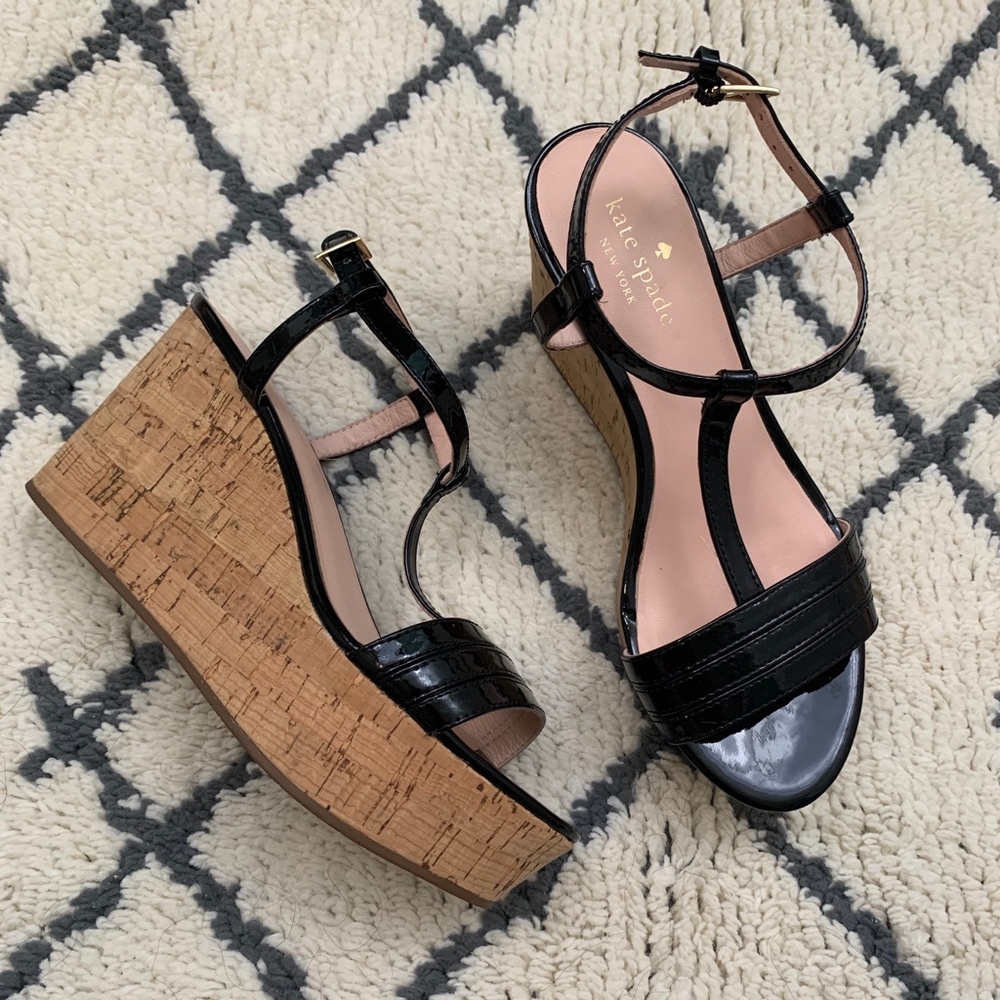 Kate Spade | Patent Leather T Strap Cork Wedge 6.5